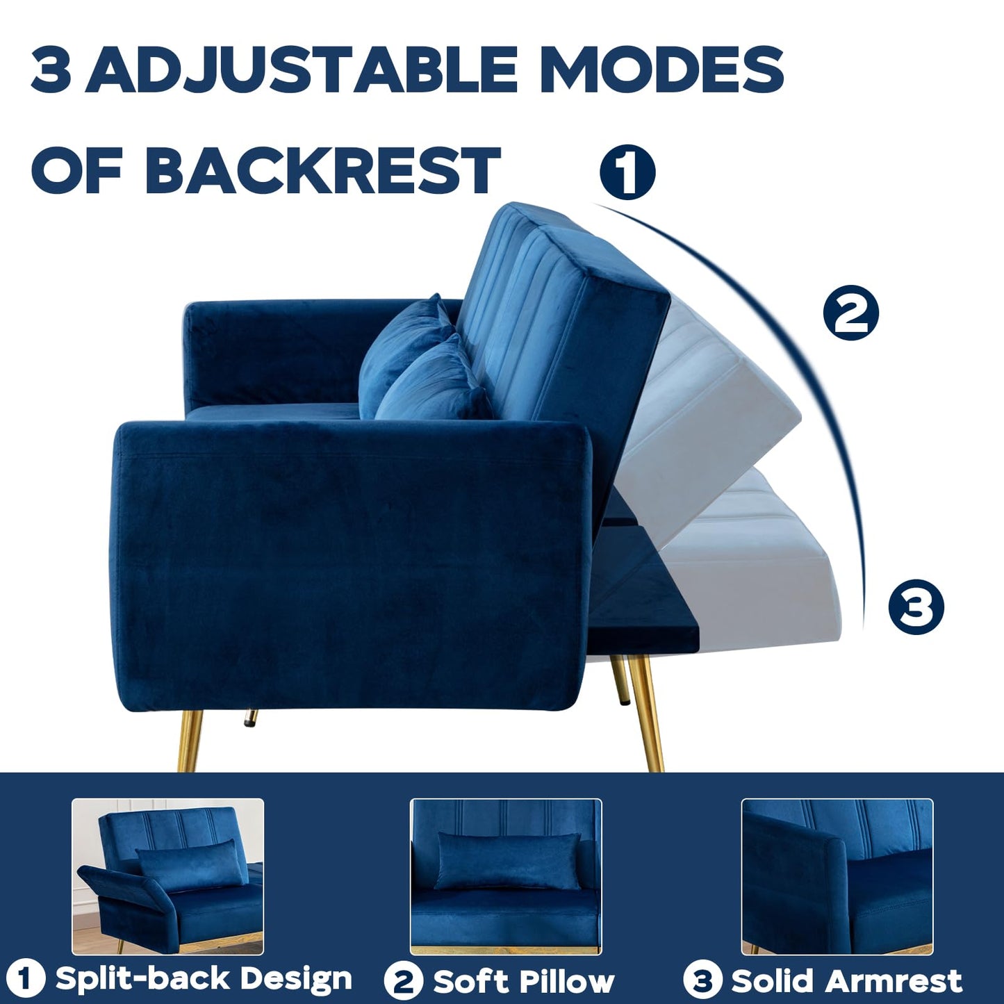 dannratch Futon Sofa Bed Velvet Convertible Sleeper Sofa Tufted Couch Bed with Adjustable Armrests and Backrest, Modern Loveseat Sleeper Bed with 2 Bolster Pillows for Living Room, Bedroom, Blue
