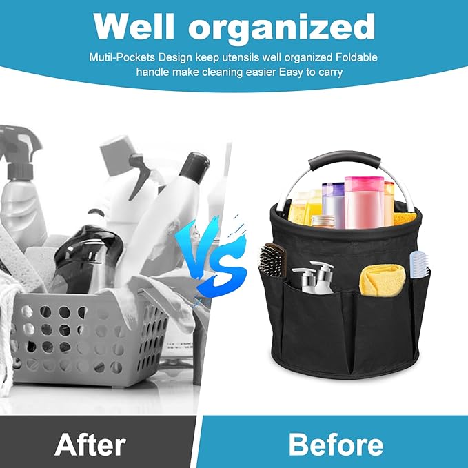 Qivine Cleaning Caddy for Cleaning Supplies, 17L Cleaning Supply Caddy with Handle Foldable Cleaning Supplies Organizer Bucket Tool Bag Organizer Cleaning Products Organizers for Home, Garden (Black)