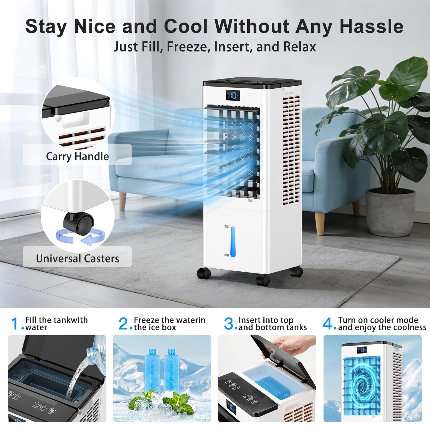 Portable Air Conditioners, 4-IN-1 Evaporative Air Cooler, Portable AC Unit w/ 4 Modes & 3 Speeds, Swamp Cooler w/ 12H Timer & Remote, Fast Cooling Room Air Conditioner for Bedroom Home Office Garage
