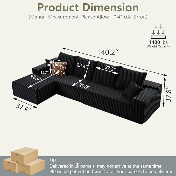 140" Sectional Cloud Couch for Living Room, Modular Floor Deep-Seat Sofa, Big Comfy Corduroy Couches Set with Fluffy Memory Foam, Stupendous L Shaped Sofas, No Assembly Required, Black