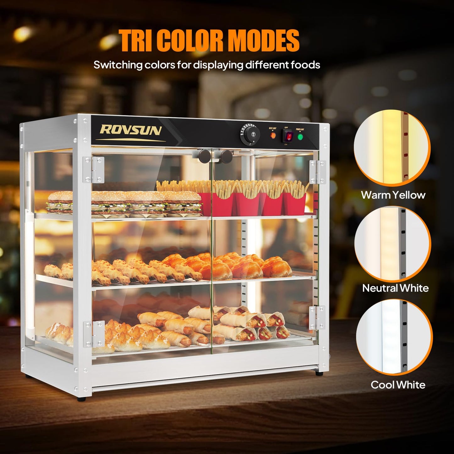 ROVSUN 3-Tier Commercial Food Warmer, 27" Pizza Warmer Food Warmer Display with LED Adjustable Lighting Glass Door Removable Shelves, Countertop Electric Food Warmer for Buffet Restaurant 110V 800W