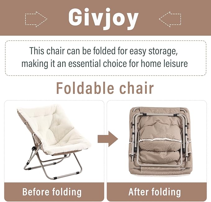 Givjoy Living Room Chair, Soft Faux Fur Folded Chair Oversized Folding Accent Chairs, Furry Lounge Lazy Chairs, Metal Frame Moon Chair for Bedroom, Living Room