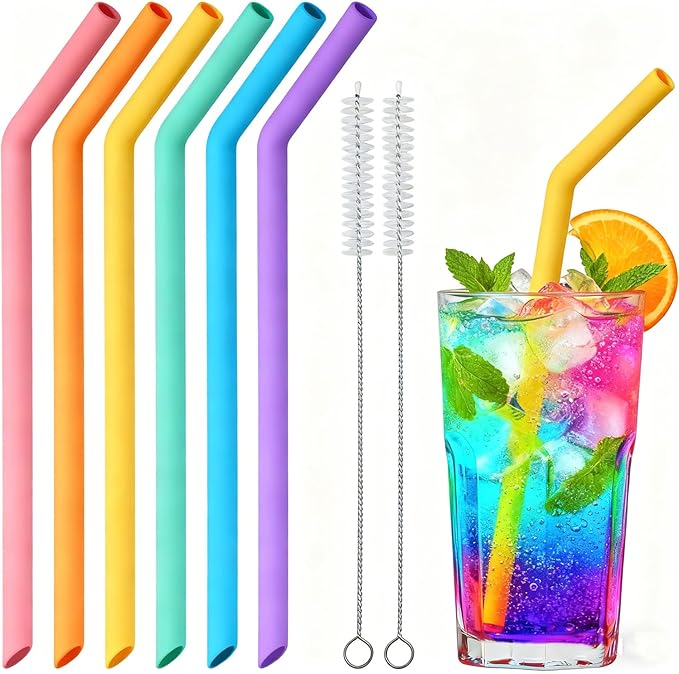 NiHome 6 PCS Wide Reusable Bent Silicone Straws for Boba, Smoothies, Bubble Tea, 0.425" Bent Straws Eco-Friendly, Colorful for Drinks, Child-Safe, Customizable Length, 2 Brushes (Rainbow Colors)