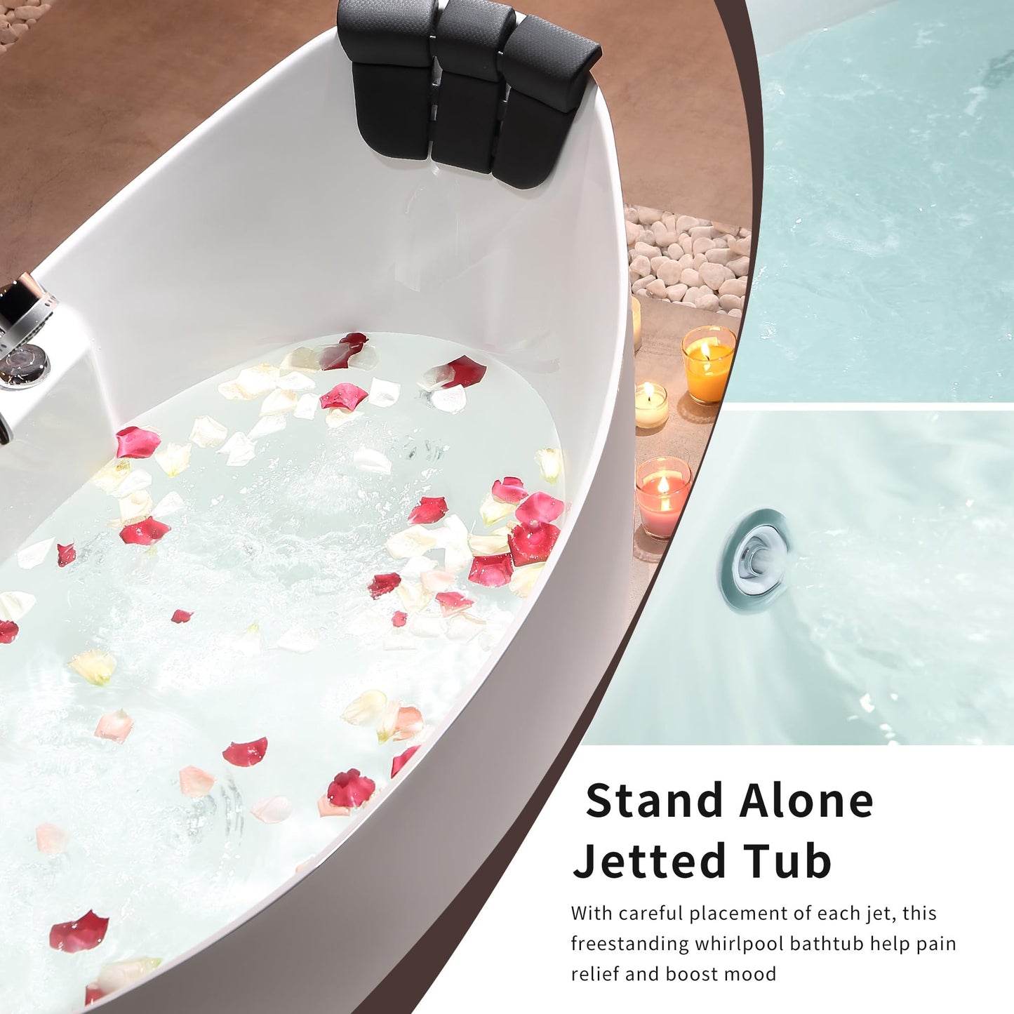 Empava 59 in. Acrylic Freestanding Tub Hydromassage Gracefully Oval Shaped Whirlpool 8 Water Jets Soaking SPA, Double-Ended Massage Bathtub with 2 Black Pillows