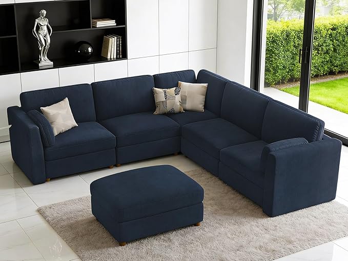 CUGOAO 117.7'' Modular Sectional Sofa, Oversized L-Shaped Sectional Couch with Ottoman, Deep Seat Chenille Cloud Couch, Mordern Upholstered Couches for Living Room, Apartment, Office, Blue