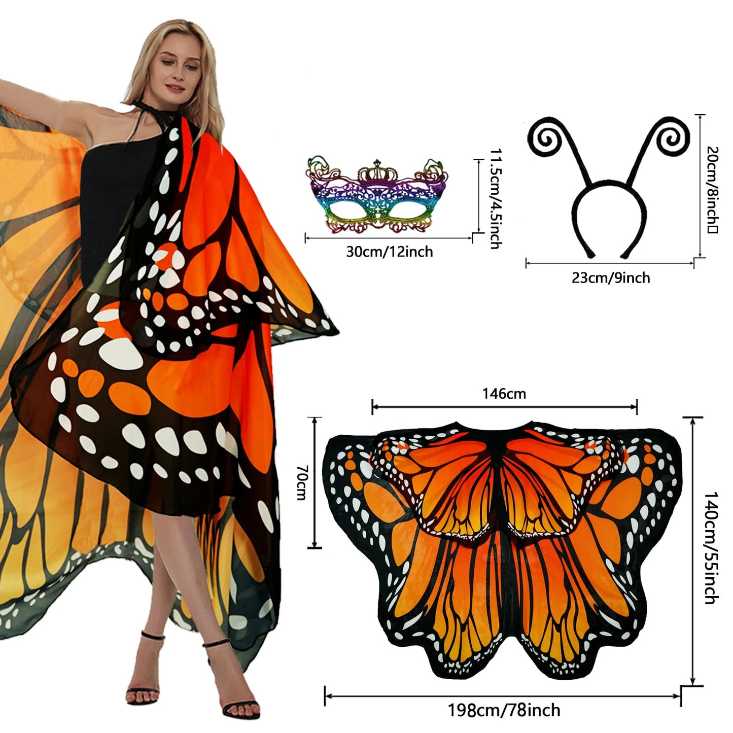 Halloween Costumes for Women Adult Double-Sided Butterfly Costumes Wing Cape Shawl 3Pcs （Orange&Red）
