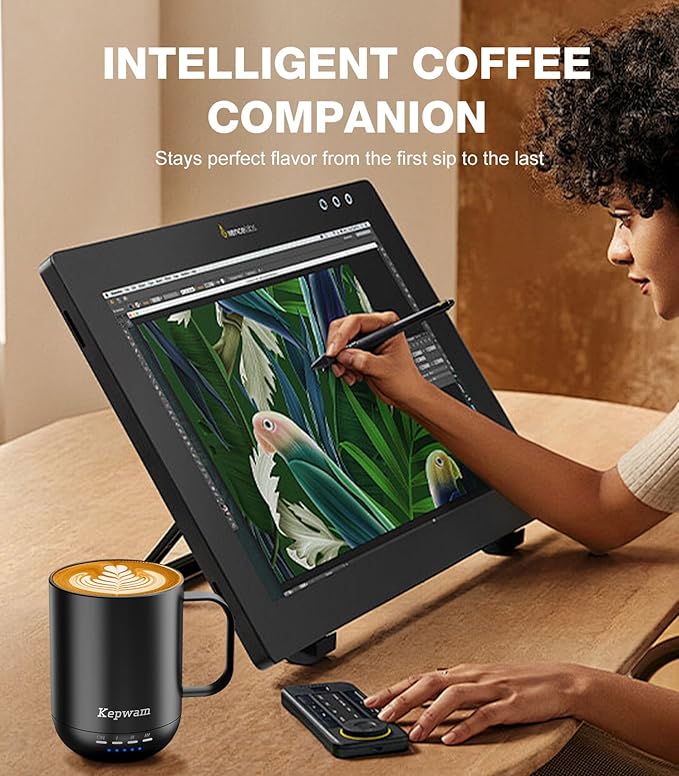 Kepwam Self Heating Coffee Mug T1-16oz Fast Heating & Ultra Long-Lasting Battery Life, Heated Coffee Mug Up to 149℉ - Touch & App Controlled Coffee Mug, Birthday Gifts for Women and Men