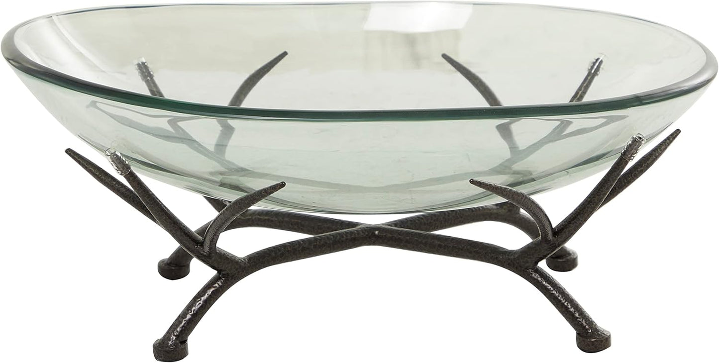 Deco 79 Glass Kitchen Serving Bowl with Black Metal Branch Stand, 17" x 13" x 8", Clear