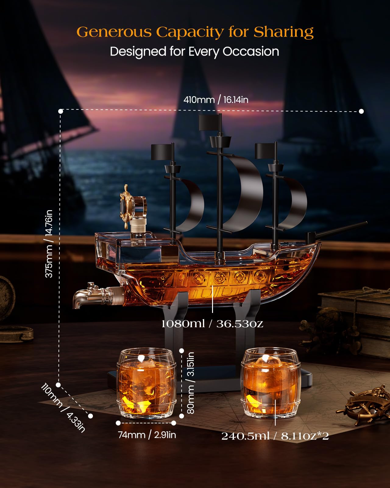 Kollea Birthday Gifts for Men Dad, Pirate Ship Whiskey Decanter Set with 2 Glasses, Liquor Dispenser for Home Bar, Funny Gift Ideas for Him, Husband, Father, Boyfriend, Anniversary, Sailor & Captain
