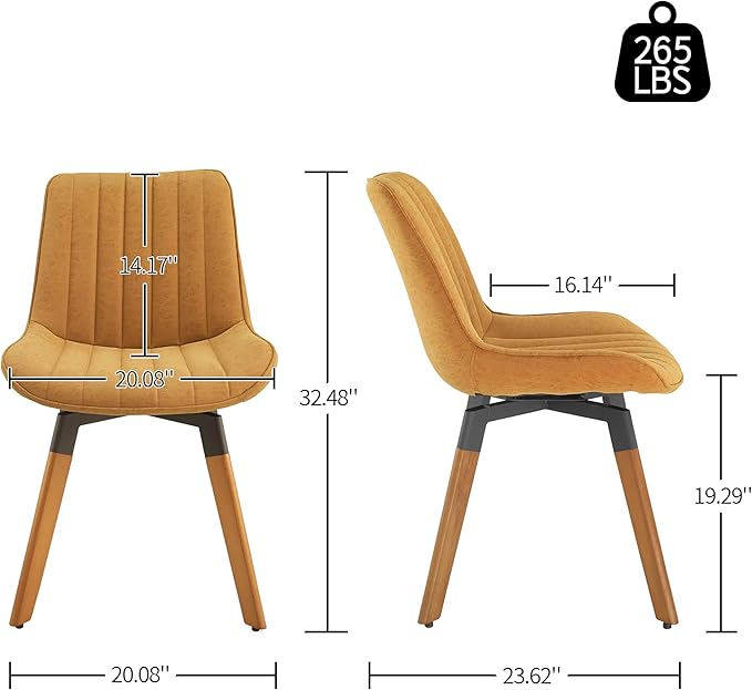 Art Leon Dining Chairs Set of 4, Mid Century Modern Swivel Kitchen Dining Room Chairs, Upholstered Faux Leather Armless Side Chairs with Wood Legs for Living Room Bedroom, Yellow Brown