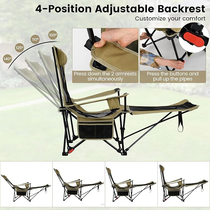 GYMAX Reclining Camping Chairs with Footrest, Lightweight Foldable Camping Chairs with Cup Holders, Adjustable Backrest, Headrest, Heavy Duty Camp Chair for Adult Outdoor Fishing Beach (Khaki,1)