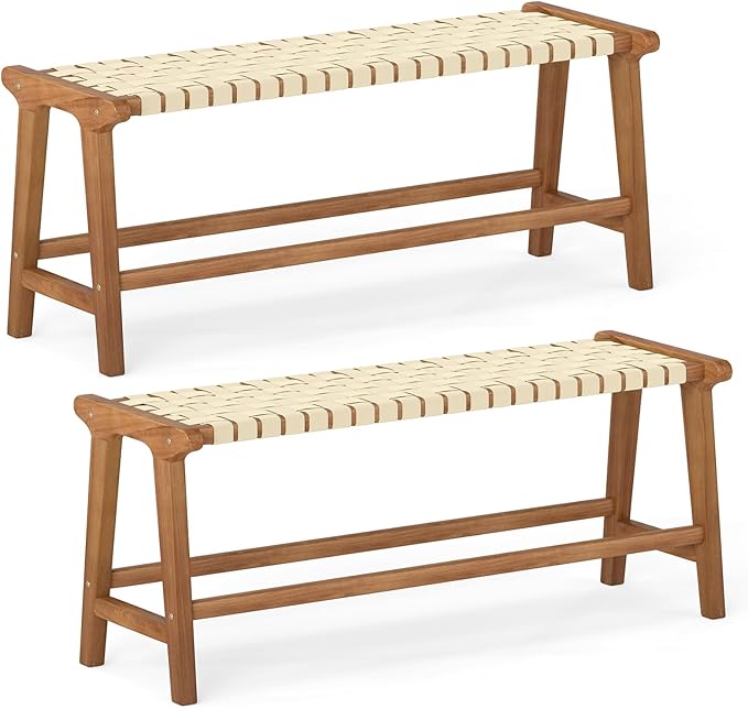 Tangkula Teak Wood Outdoor Bench, Patio Backless Wooden Dining Bench with Weave Seat, Solid Wood Legs, Indoor & Outdoor Wooden Bench for Porch, Backyard, Deck, Entryway (Natural,2)