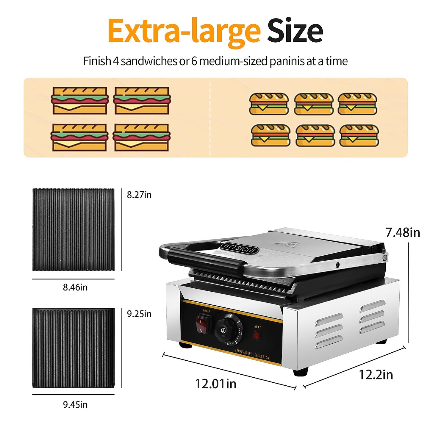 HTTSICHI Commercial Panini Press - 1800W Commercial Electric Panini Sandwich Grill w/Nonstick Coating & Adjustable Temp, Panini Grill Press w/ 9" x 9" Cooking Pan, Double-sided Heating