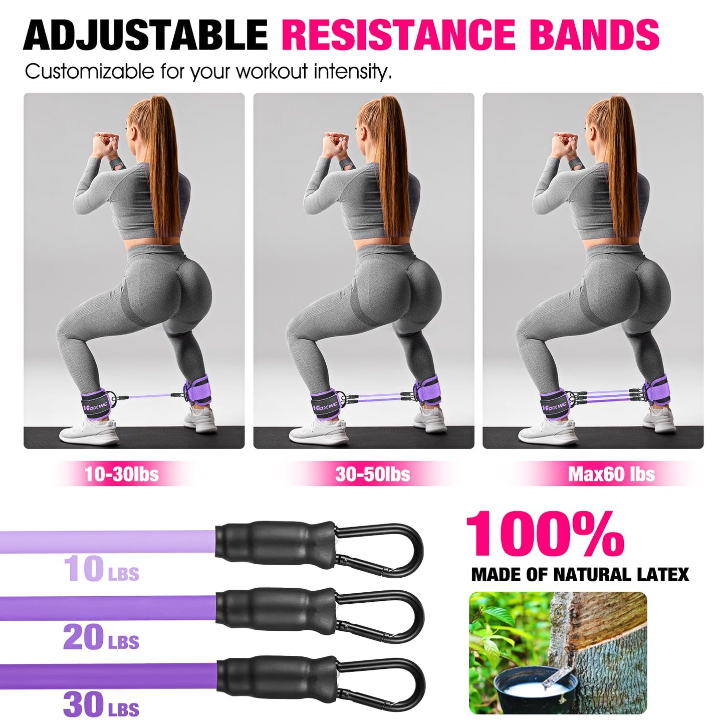 HOXWC Ankle Resistance Bands, Ankle Bands with Cuffs for Working Out, Exercise Bands for Butt Lift, Training Workout for Kickbacks Hip Gluteus Training Exercises, Glutes Workout Equipment for Women