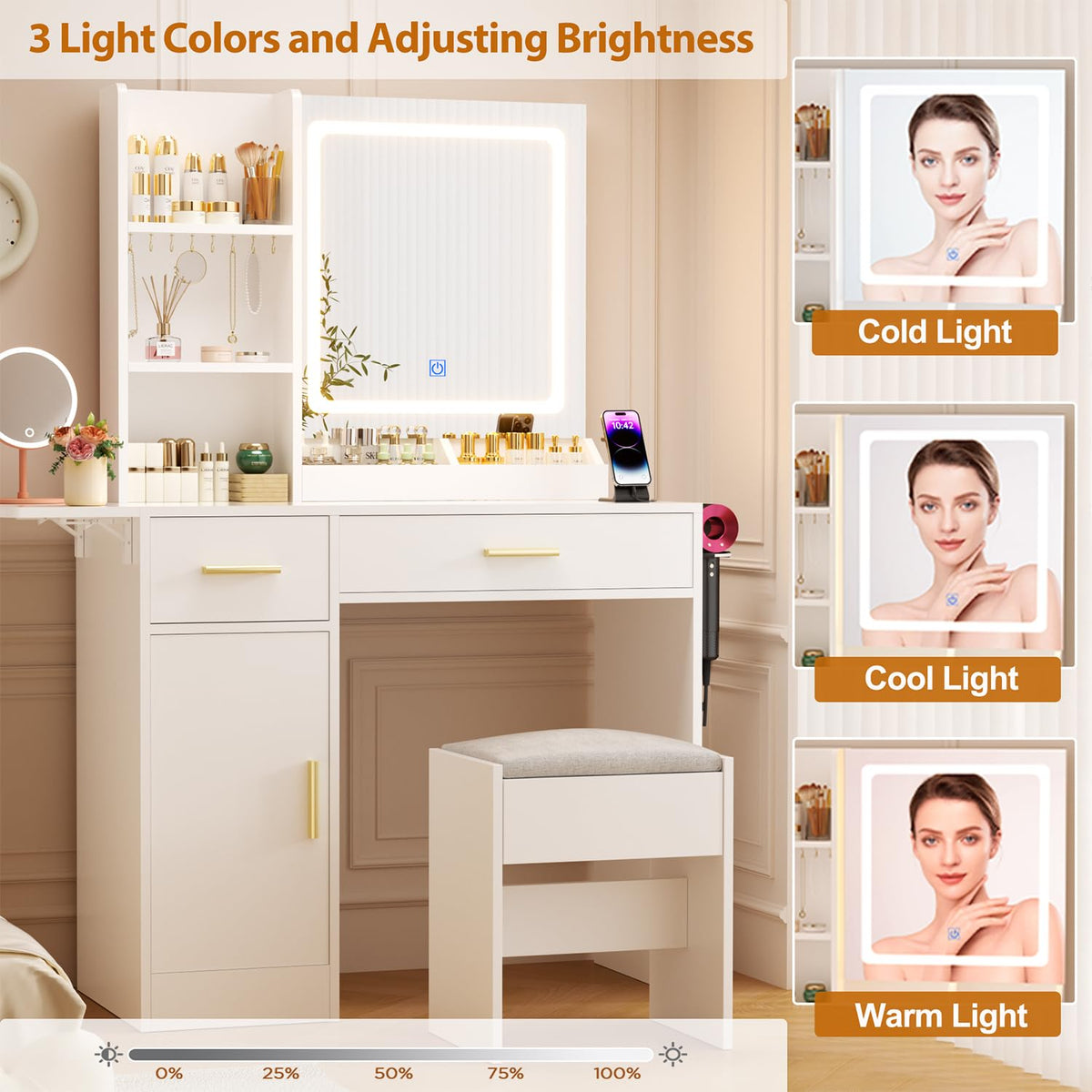 ERLEJIA Vanity Desk with Mirror and Lights & Extral Foldable Desk, 35.43" & 43.3" Makeup Vanity Table with Stool and Plug Outlet, 5 Drawers and Open Shelves Dressing Table for Bedroom, White and Gold
