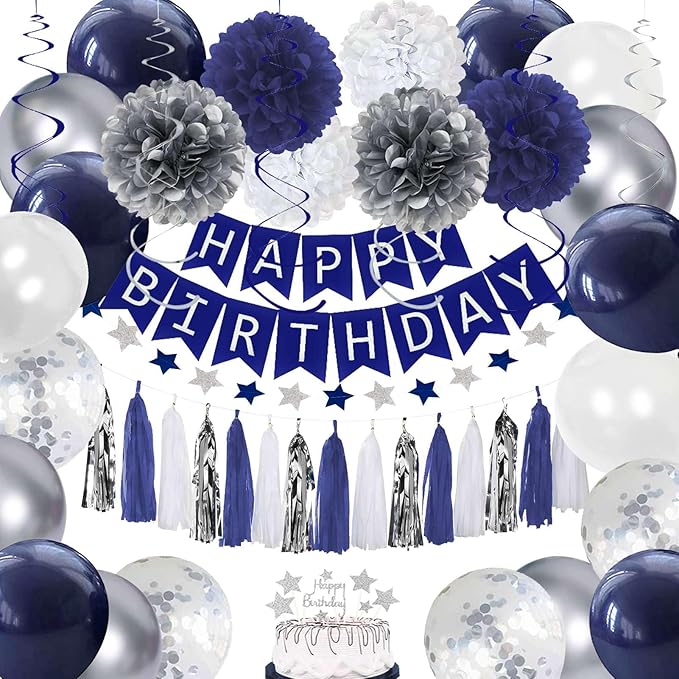 Blue Birthday Party Decorations for Men - Navy Blue and Silver Balloons with Happy Birthday Banner, Tissue Pompoms, Hangin...