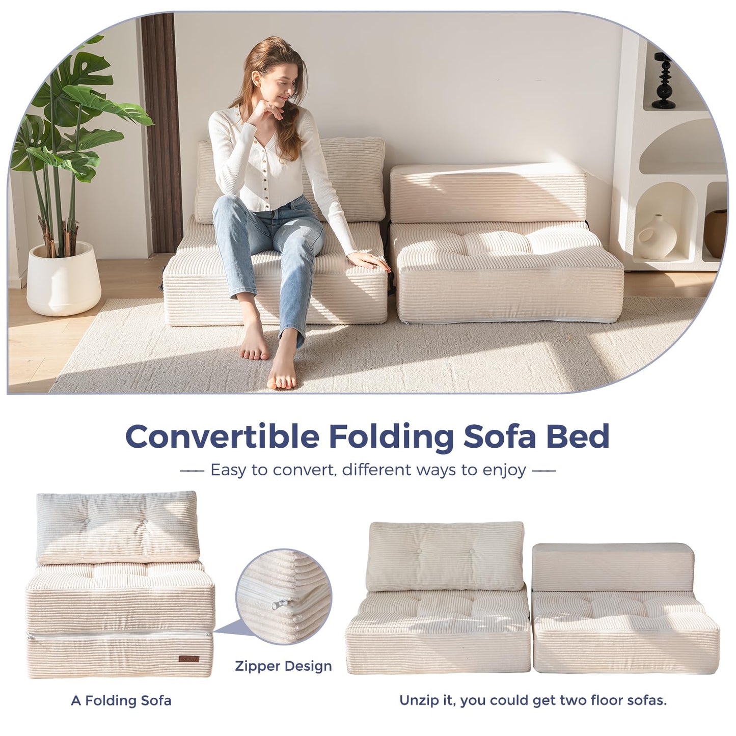 MAXYOYO Folding Sofa Bed, Convertible Sofa Bed with High-Density Support Foam, Portable 4 in 1 Fold Out Chair to Floor Lounger, Versatile Floor Couch for Living Room Bedroom, Beige