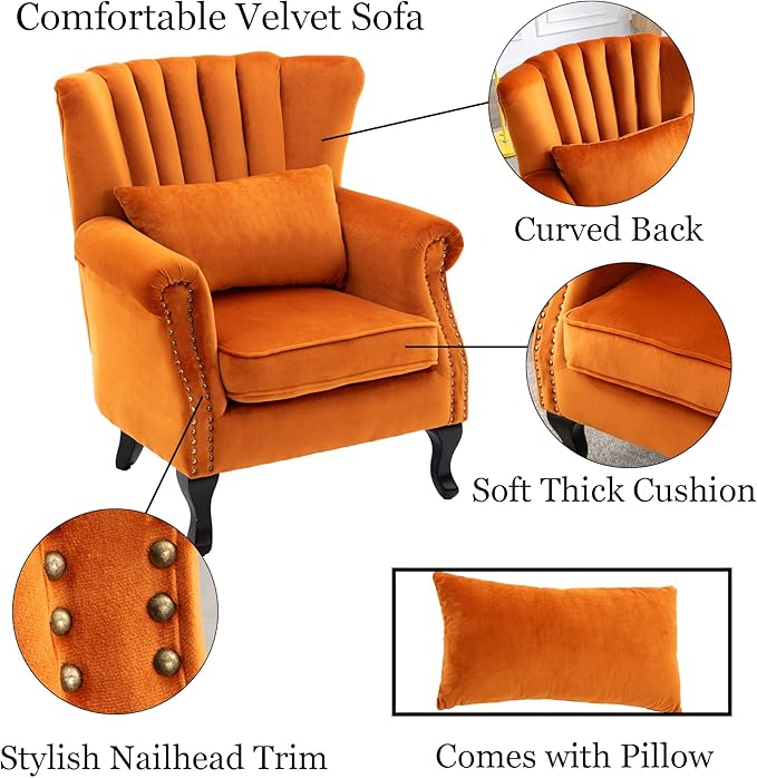 DM Furniture Velvet Accent Chairs Set of 2 with Arm Comfy Living Room Chair Mid-Century Modern Wingback Side Chair Single Sofa Couch for Bedroom Guest Room, Orange
