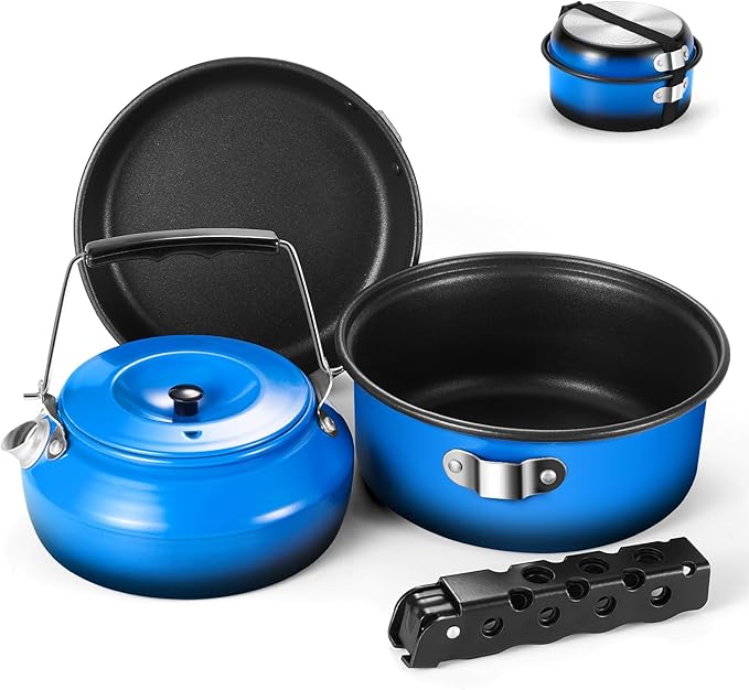 Odoland 5pcs Camping Cookware Non-Stick Camping Pot and Pan Set with Kettle and Removable Handle for Hiking Backpacking an...