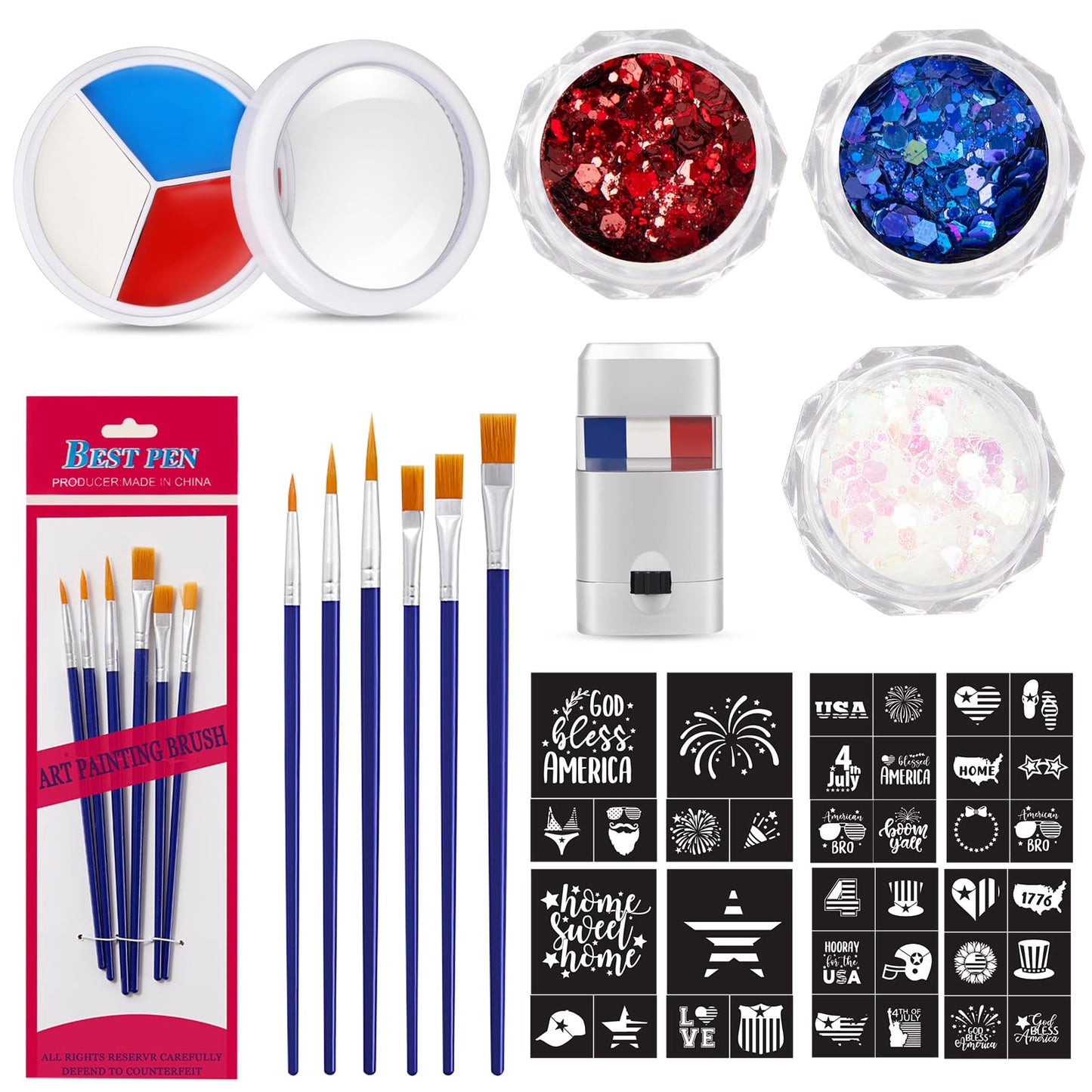 19 Pcs Patriotic Face Paint Kit Red White Blue Face Paint Kit with Glitter Stencil Stickers Paint Stick Makeup Brush for Indepen