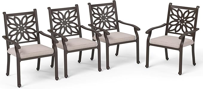 PHI VILLA Cast Aluminum Outdoor Patio Dining Chairs, Extra Wide Armrest Stable Chairs with Seat Cushion, Casting Aluminum Back for All Weather, Set of 4