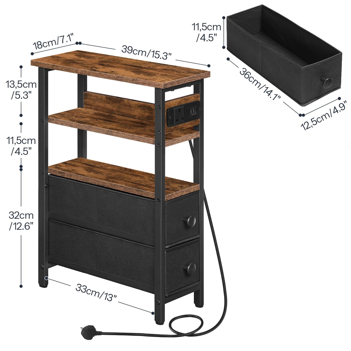 HOOBRO Side Table with Charging Station, Narrow Side Table with 2 Non-Woven Drawers, USB Ports and Power Outlet, 40 x 18 x 60 cm Slim Bedside Table for Small Space, Rustic Brown and Black EBF132KBZ01