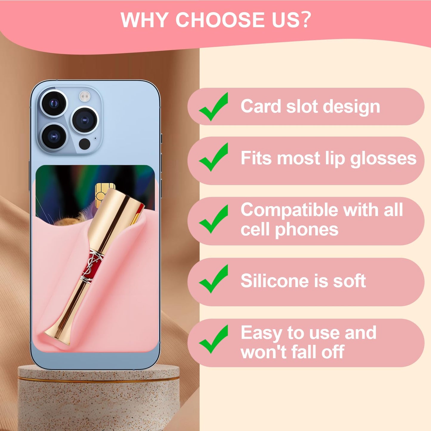 Loooghom Phone Case With Lip Gloss Holder, Card Slot, Compatible With Iphone And Android, Rose Red