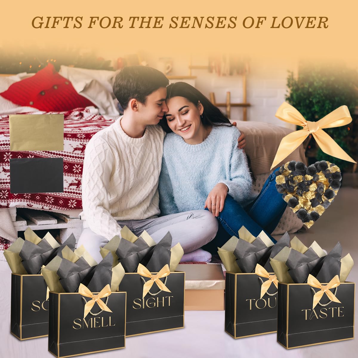 5 Senses Gift Bags for Him Her Five Senses Gift Bags with Ribbon Handles Tissue Paper Petals Black Gift Bag for Birthday Anniversary,Wedding,Valentine's Day