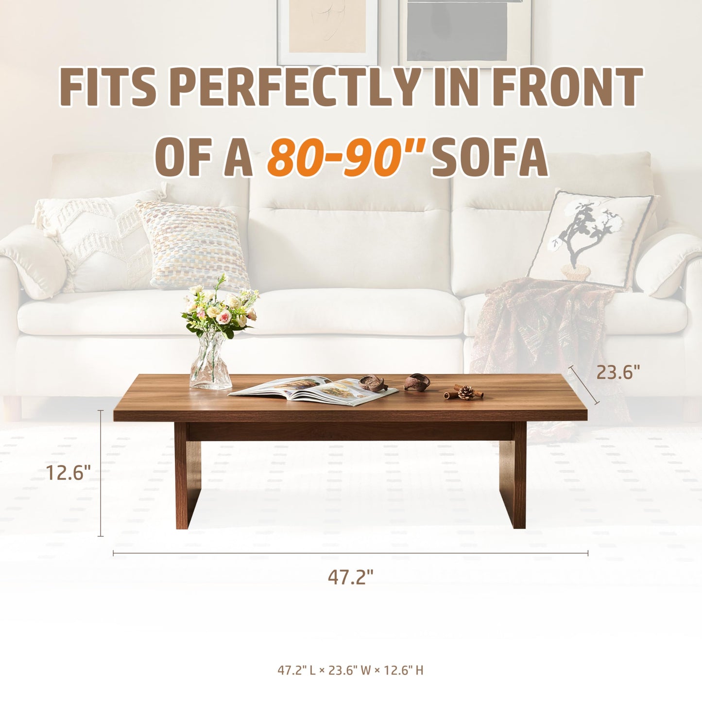 FHKJ Rectangle Coffee Table, 47" Modern Walnut Living Room Table with Wood Grain Surface, Low Profile Center Table, Japanese Tea Table, 2-Leg Design for Small Apartment Sofa, Walnut Brown