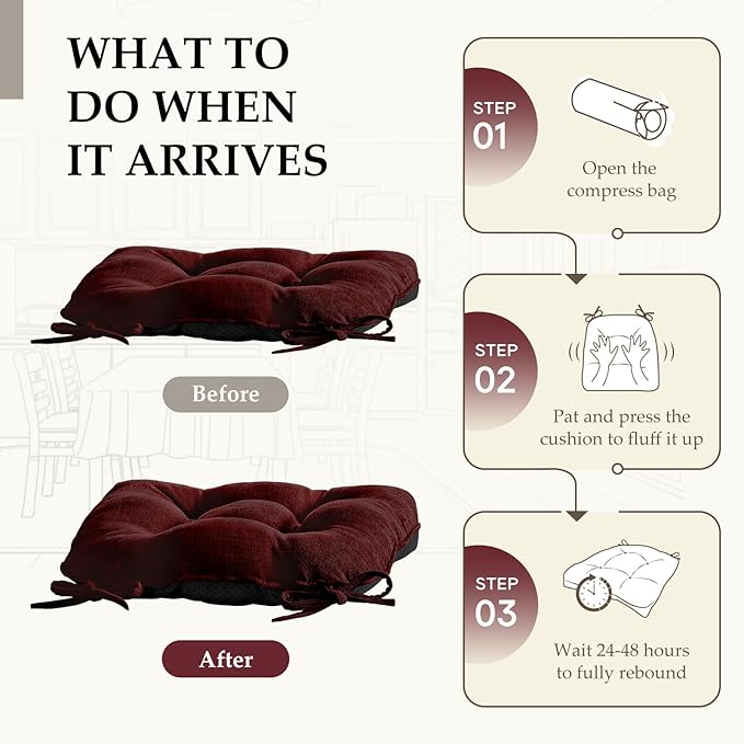 HARBOREST Chair Cushions for Dining Chairs Set of 2 - Chenille Tufted Kitchen Chair Cushions with Ties and Non-Slip Bottom, Foam Chair Pads for Dining Chairs, 17" x 17", Burgundy