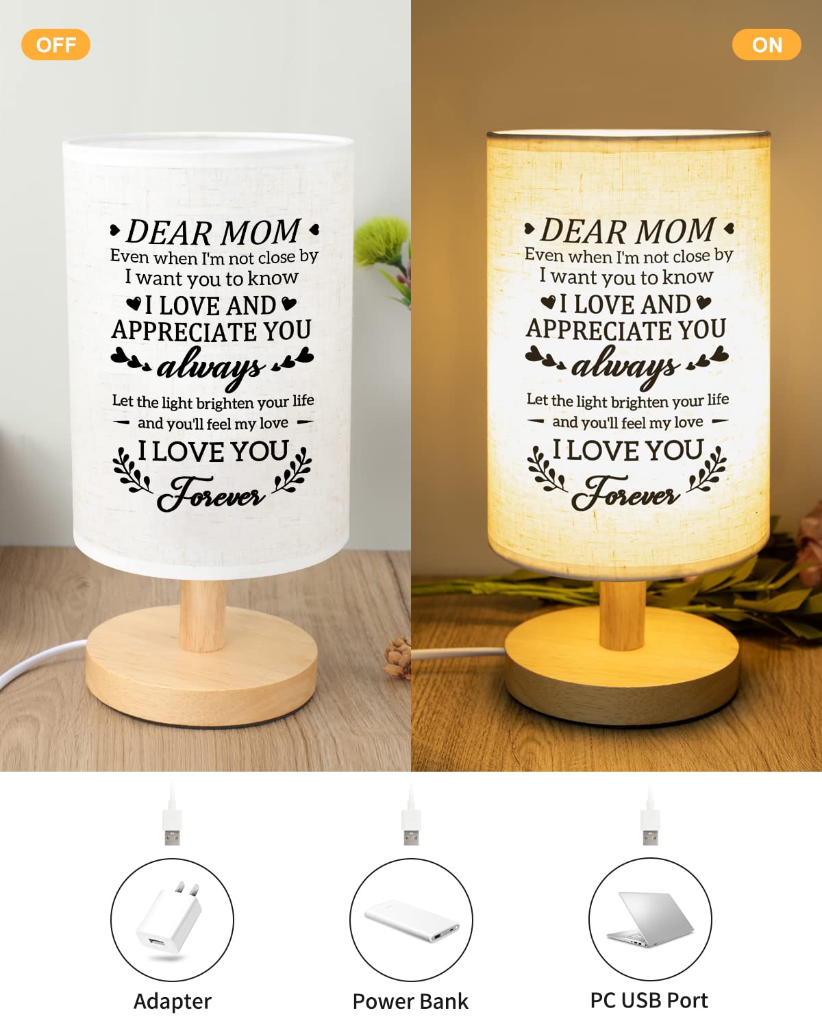Calibron Gifts for Mom from Daughter Son, Mom Gifts for Birthday Fabric Lamp, Birthday Gifts for Mother Table Lamp with Wooden Stand