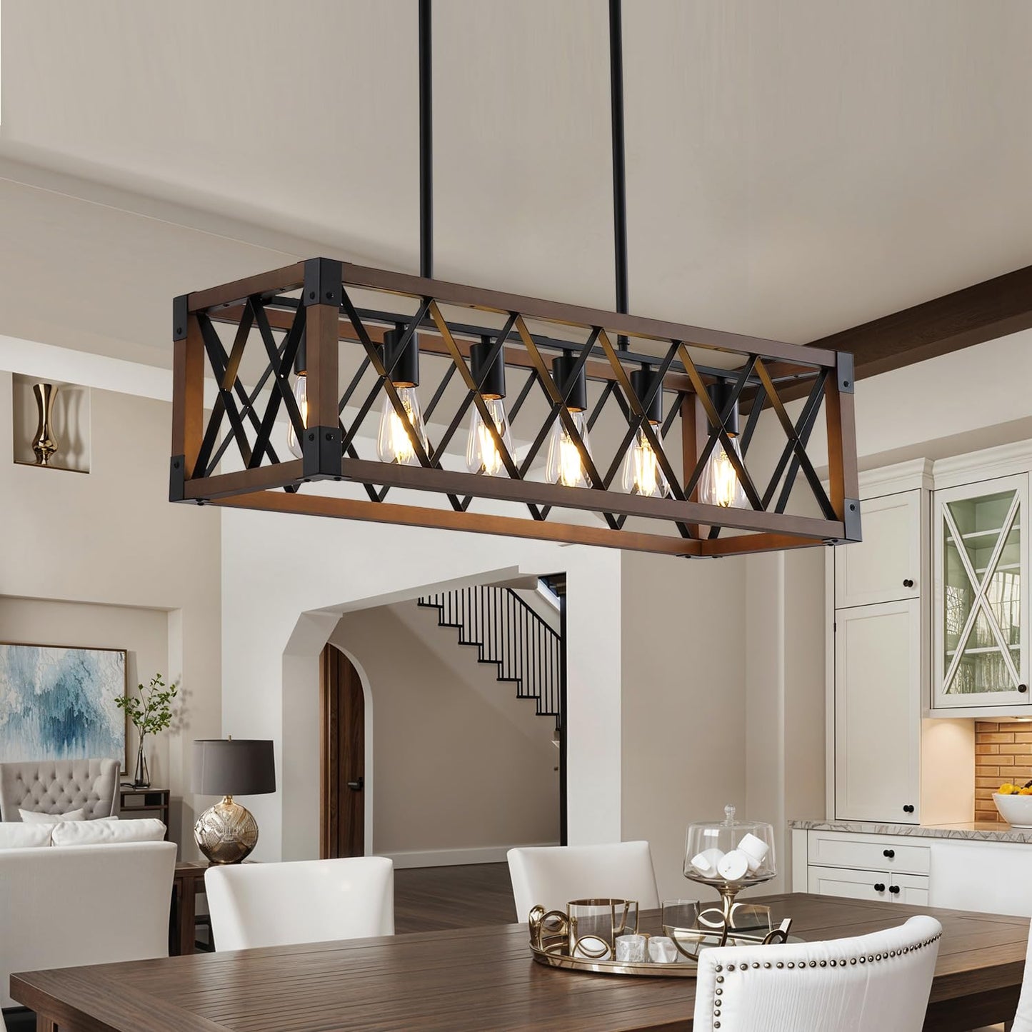 Dining Room Light Fixture/Chandelier Over Table,Matte Black Rustic Wood Ceiling Pendant Light,6-Light Kitchen Island Lighting Fixtures, Linear Farmhouse Chandeliers for Dining Room,Kitchen Island