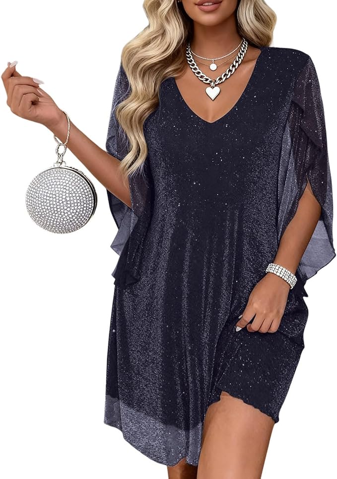 Gettalocky Women's Sparkly Cocktail Dresses for Wedding Guest Flutter Sleeve Loose Chiffon Party Dress