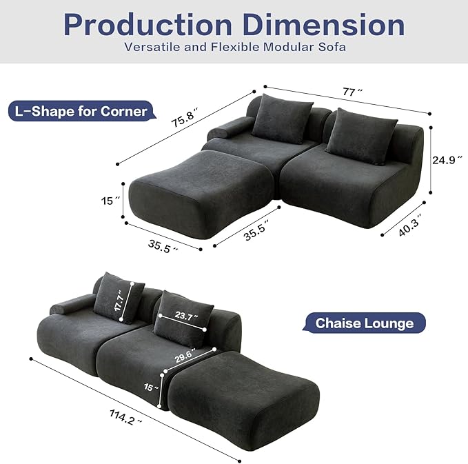 Cloud Couch Sectional,114"-Boneless Couch in a Box,Upholstered Couches for Living Room Bedroom with L-Shape Chaise,Modern Comfy Sofa-Cool Gray Couches,No Assembly Required,Low -Profile Sofa