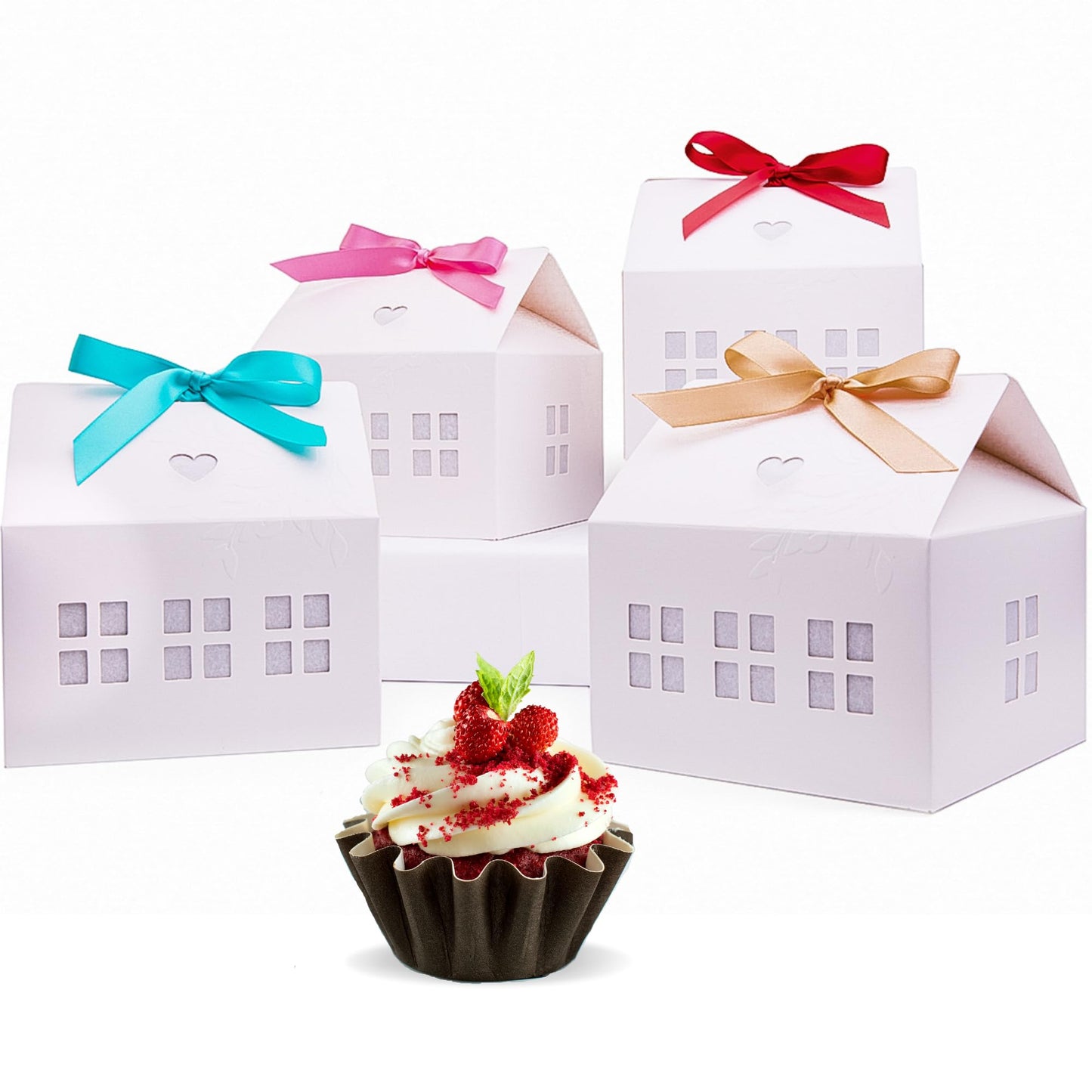 Karentology 20 Pcs Classic House Shaped Gift Boxes with Bright Ribbons for Treats, Desserts, Fancy Cookie, White Gable Bakery Packaging