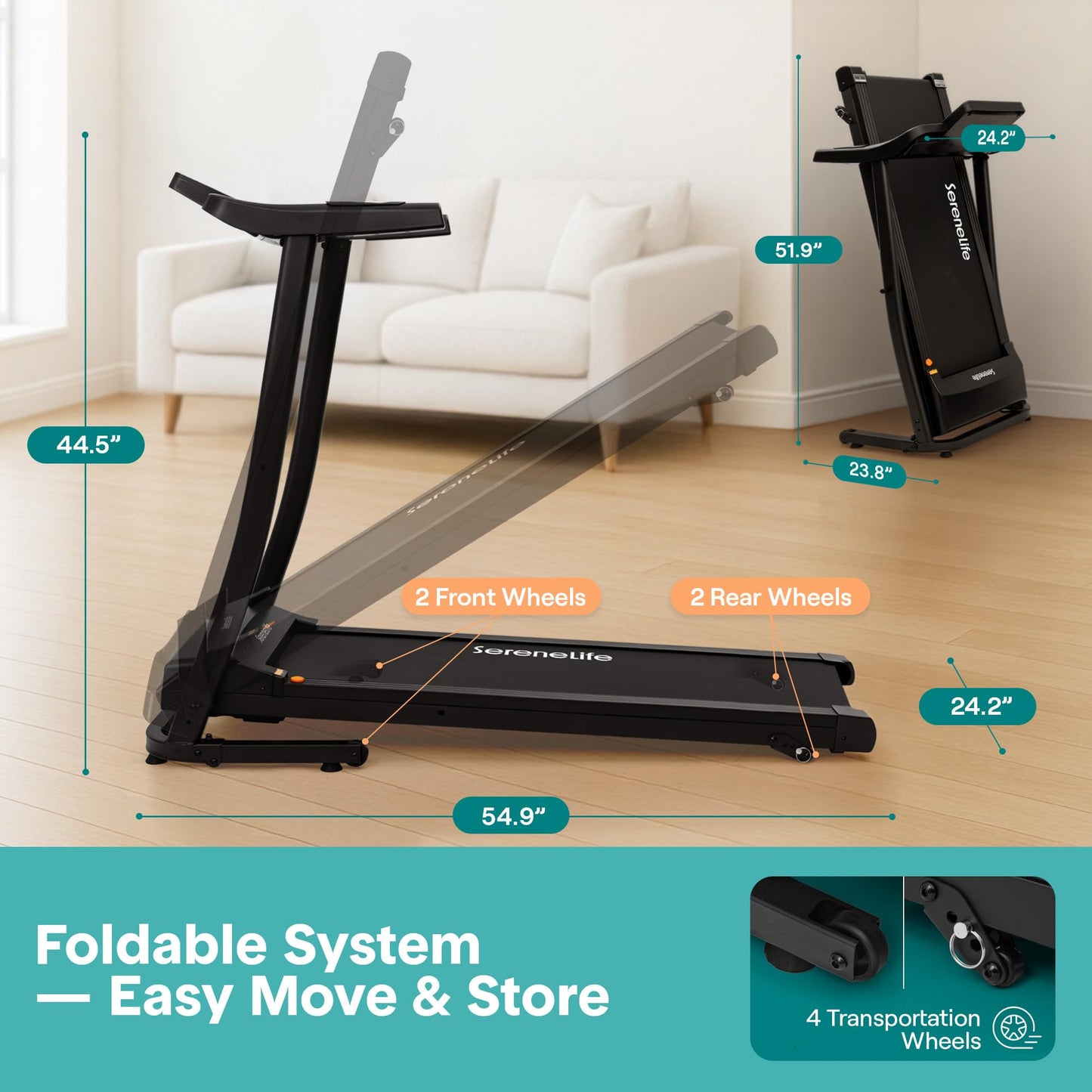 SereneLife Portable Foldable Treadmill with Incline Bluetooth Speakers and Heart Rate Sensors, 12 Preset Workout Programs, 2.0 HP Motor, Shock Absorbing Deck, 0.8-8 MPH Speed, 264 lb Capacity