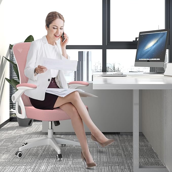 naspaluro Ergonomic Office Chair, Computer Chair with Adjustable Height, Flip-Up Arms and Lumbar Support, Breathable Mesh Desk Chair for Home Study Working (Without Headrest, Pink)