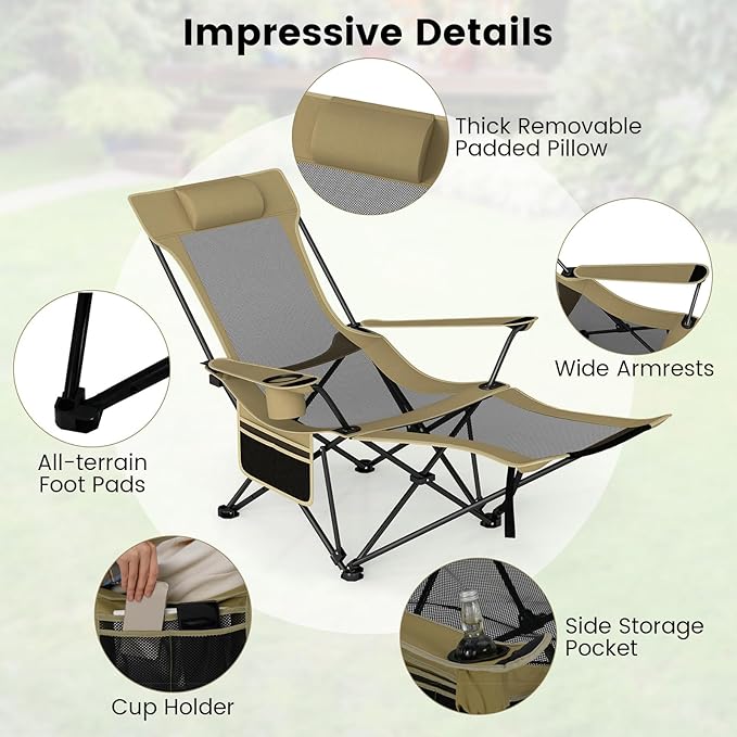 GYMAX Reclining Camping Chairs with Footrest, Lightweight Foldable Camping Chairs with Cup Holders, Adjustable Backrest, Headrest, Heavy Duty Camp Chair for Adult Outdoor Fishing Beach (Khaki,2)