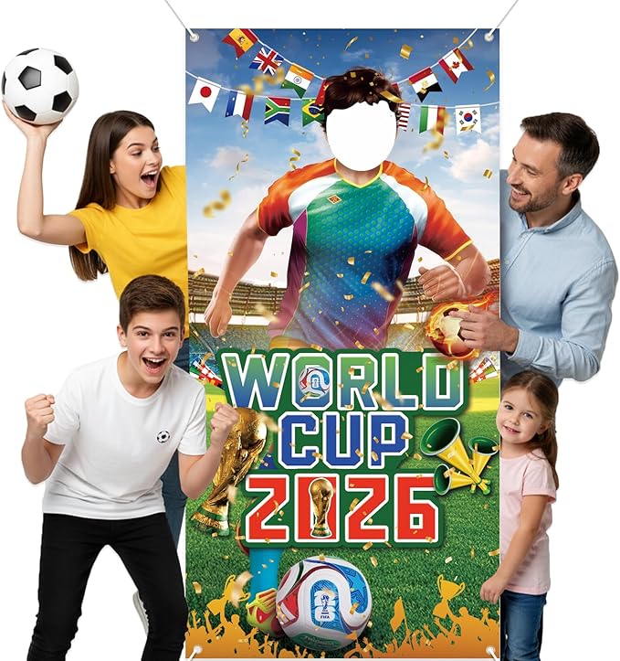 2026 World Cup Photo Banner 71x35 Inches 2026 Soccer Player Cutout Backdrop with Face Hole for World Cup Soccer Party Deco...