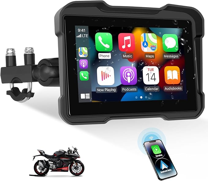 Motorcycle GPS Navigation System with Wireless Carplay Android Auto 5" Moto CarPlay Screen with Dual Bluetooth, Navigatio...