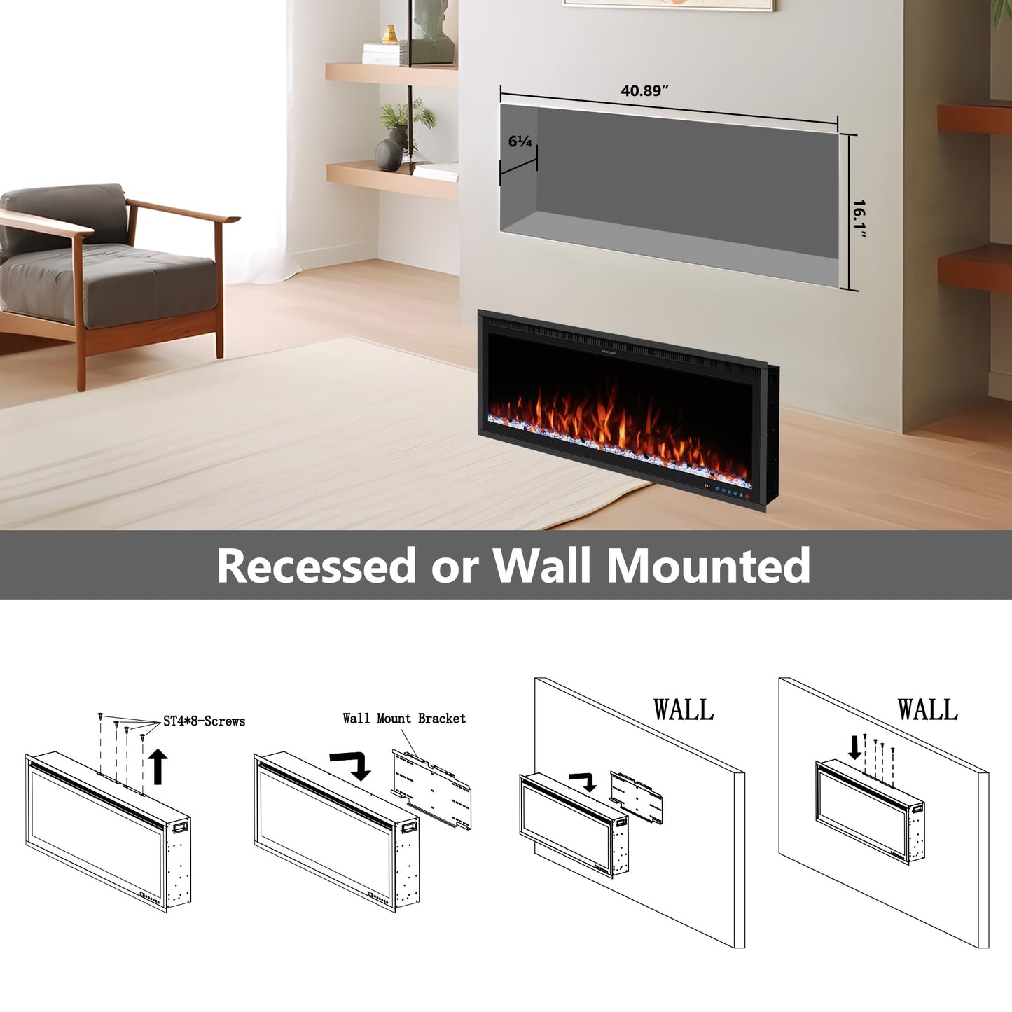 Benrocks 42'' WiFi-Enabled Electric Fireplace Insert - Alexa & App Control, 13 * 13 * 3 Color Combinations, Smart Fireplace Heater, Timer, Logs & Crystals Included, 750/1500W