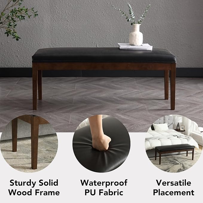 chairus PU Leather Upholstered Entryway Bench Dining Table Benches Farmhouse Shoe Bench Seat for Hallway Bedroom End of Bed Vintage 45.5" Wooden Leg Benches for Kitchen Restaurant Window, Black