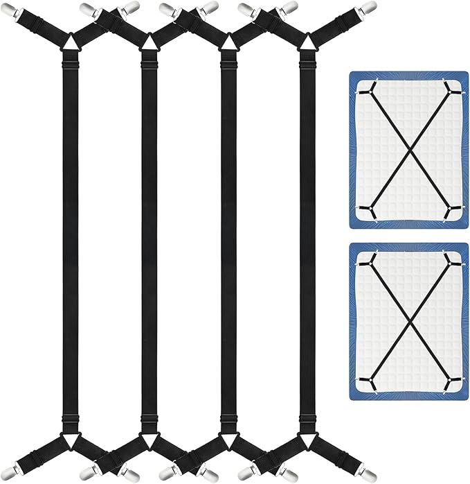 CHRORINE Bed Sheet Holder Straps Adjustable Sheet Fasteners Clips Keep Bedding Stays in Place, 4 Pcs/Set, Black