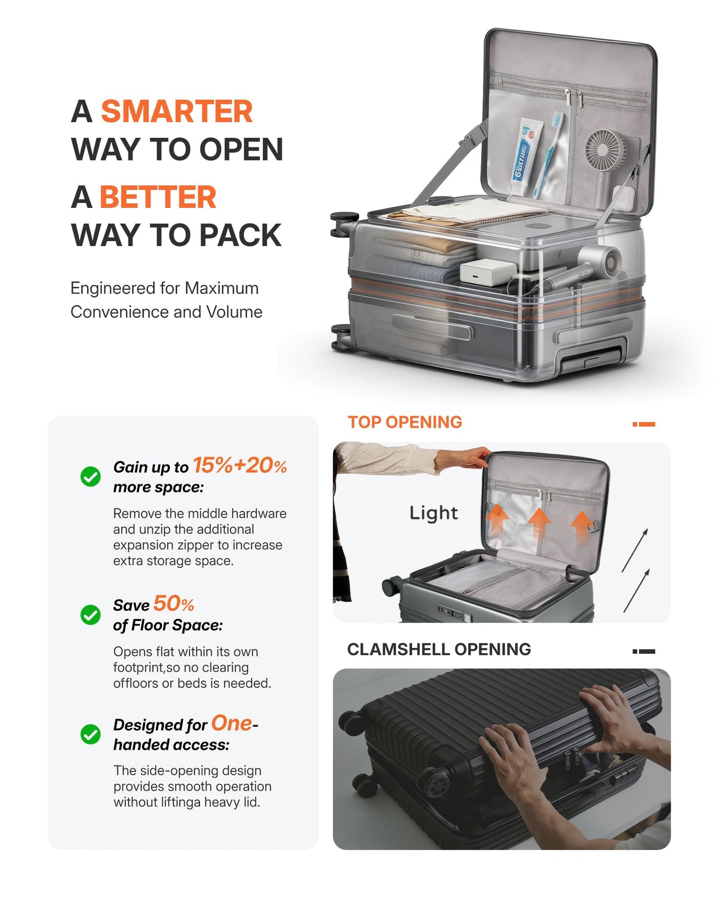 ISLAND ELEPHANT Expandable 20Inch Carry On Luggage Airline Approved - Top Opening Hardside Travel Suitcase Unbreakable -with Cup Holder,USB Charge,Side Pothook, 360°Spinner Wheels, TSA Lock-Grey