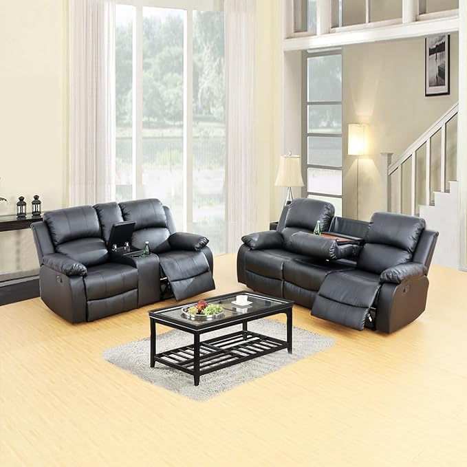 A Ainehome Living Room Furniture Set Leather Recliner Sofa Set Loveseat Chair Furniture Sofa Set for Living Room/Small Space/Rv/House/Office/Theater Seating (A-Black Leather, Sofa+Loveseat)