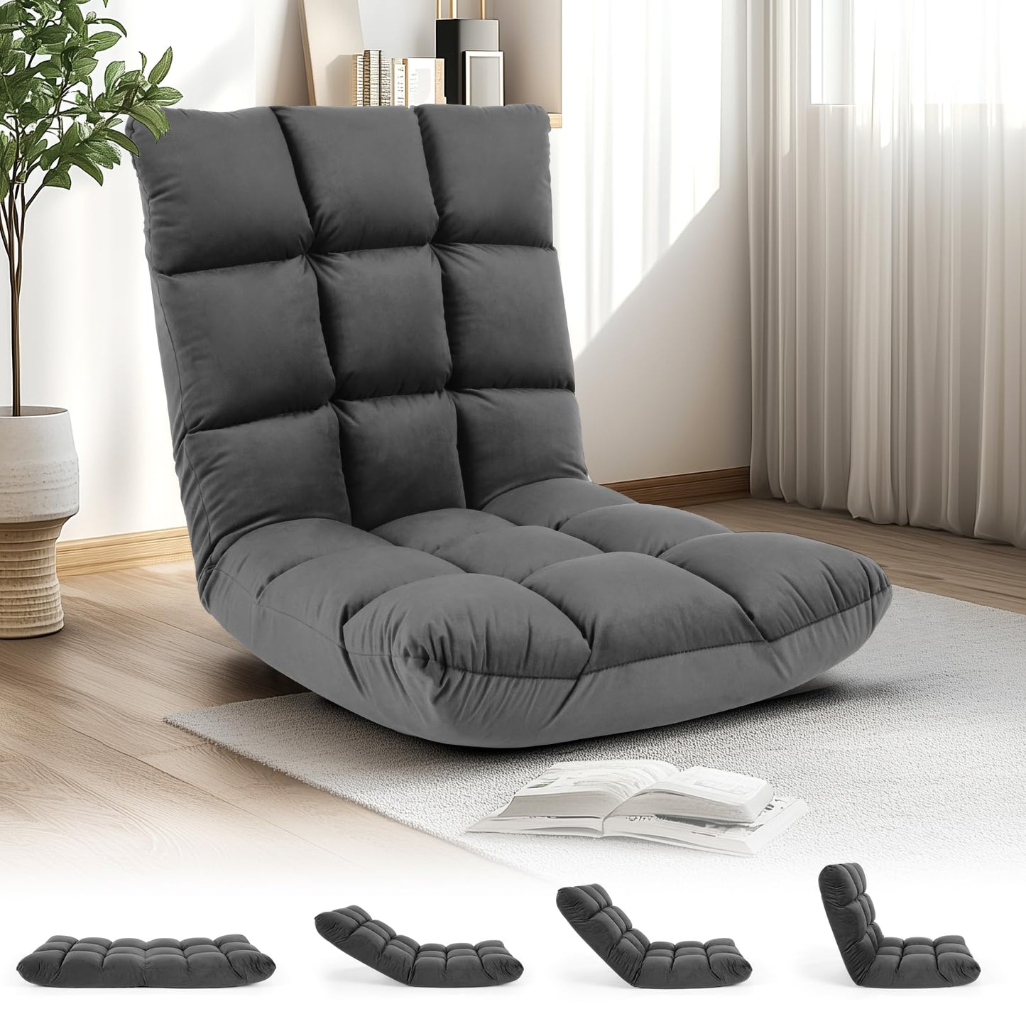 Floor Chair with Back Support, Folding Sofa Chair with 14 Adjustable Position, Padded Sleeper Bed, Couch Recliner, Floor Gaming Chair, Meditation Chair, Floor Lazy Sofa Chair for Adults & Kids