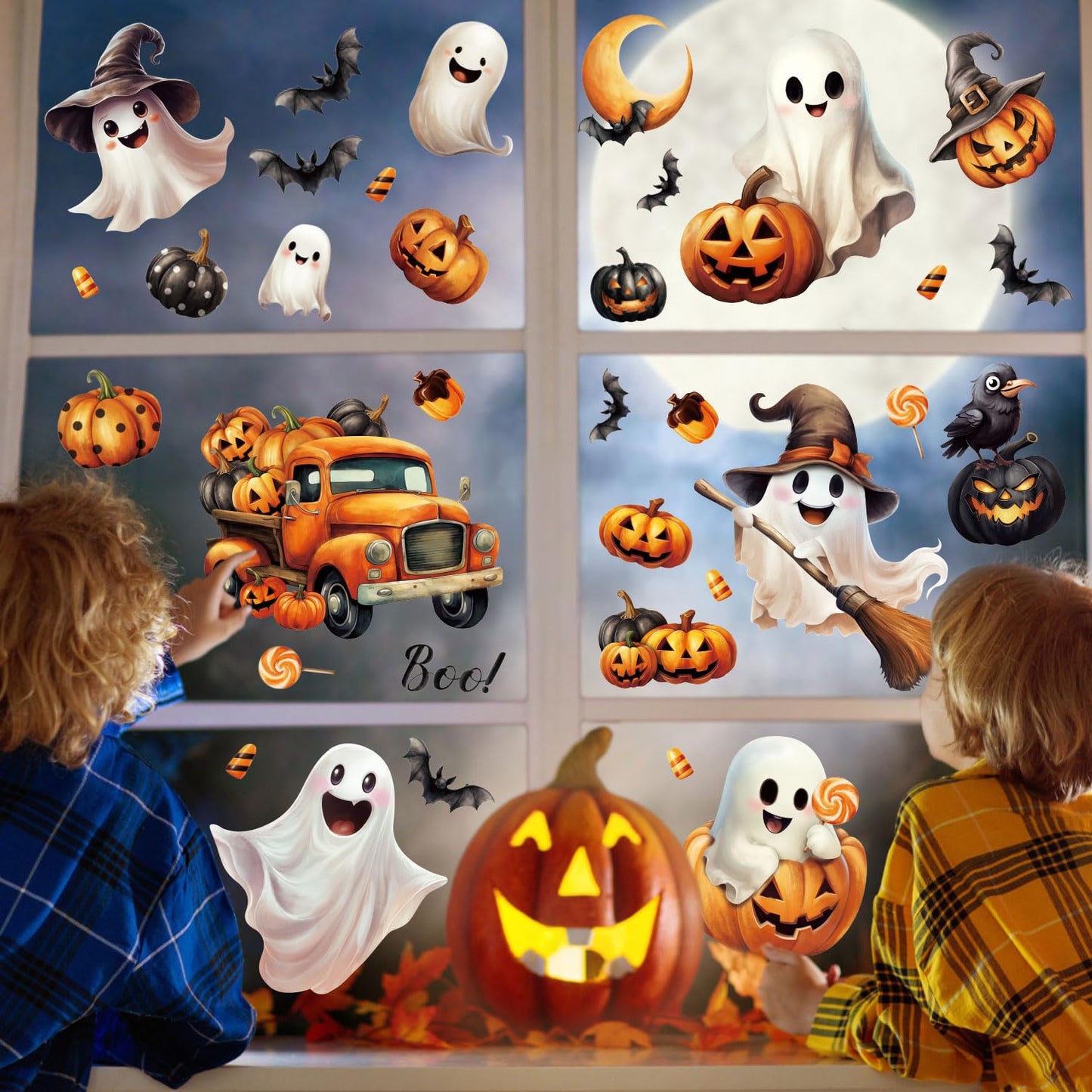 LOMIMOS Halloween Window Cling Sticker,8 Sheet Halloween Window Clings Decals with Ghost Pumpkin for Home Party Office Classroom Supplies Shop Glass Display Decoration