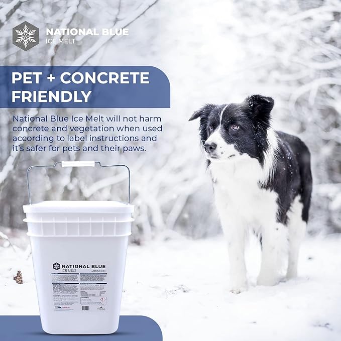 National Blue Ice Melt and Snow Salt 50lb Bucket - Fast Acting Ice Melter - Pet, Plant and Concrete Friendly, Environmentally Safe - Free of Magnesium Chloride - Melts to -15°F