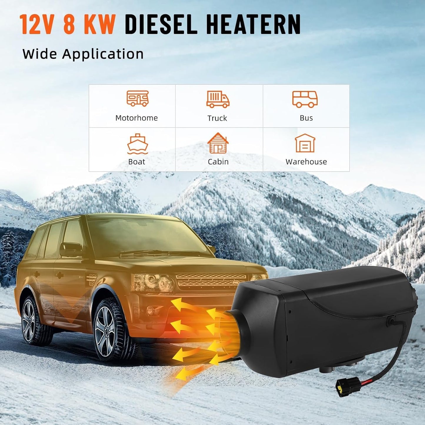 KIMORE 12V 8KW Diesel Air Heater,With Muffler No-Punching 9L, Portable Diesel Heater With Knob Switch Tank，Remote Control and Lcd Display Diesel Heater for Car Rv Trailer Van Boat