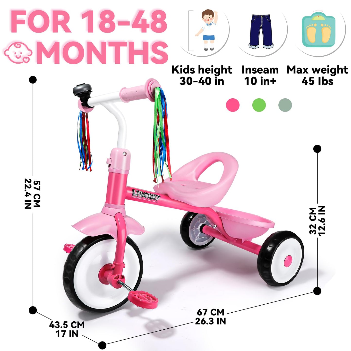 Liberry Toddler Tricycle Age 2 3 4 Years Old, Kids Trike with Bell, Back Basket and Removable Pedal, 3 Wheel Bike Birthday Toys Gift for Boys Girls, Pink